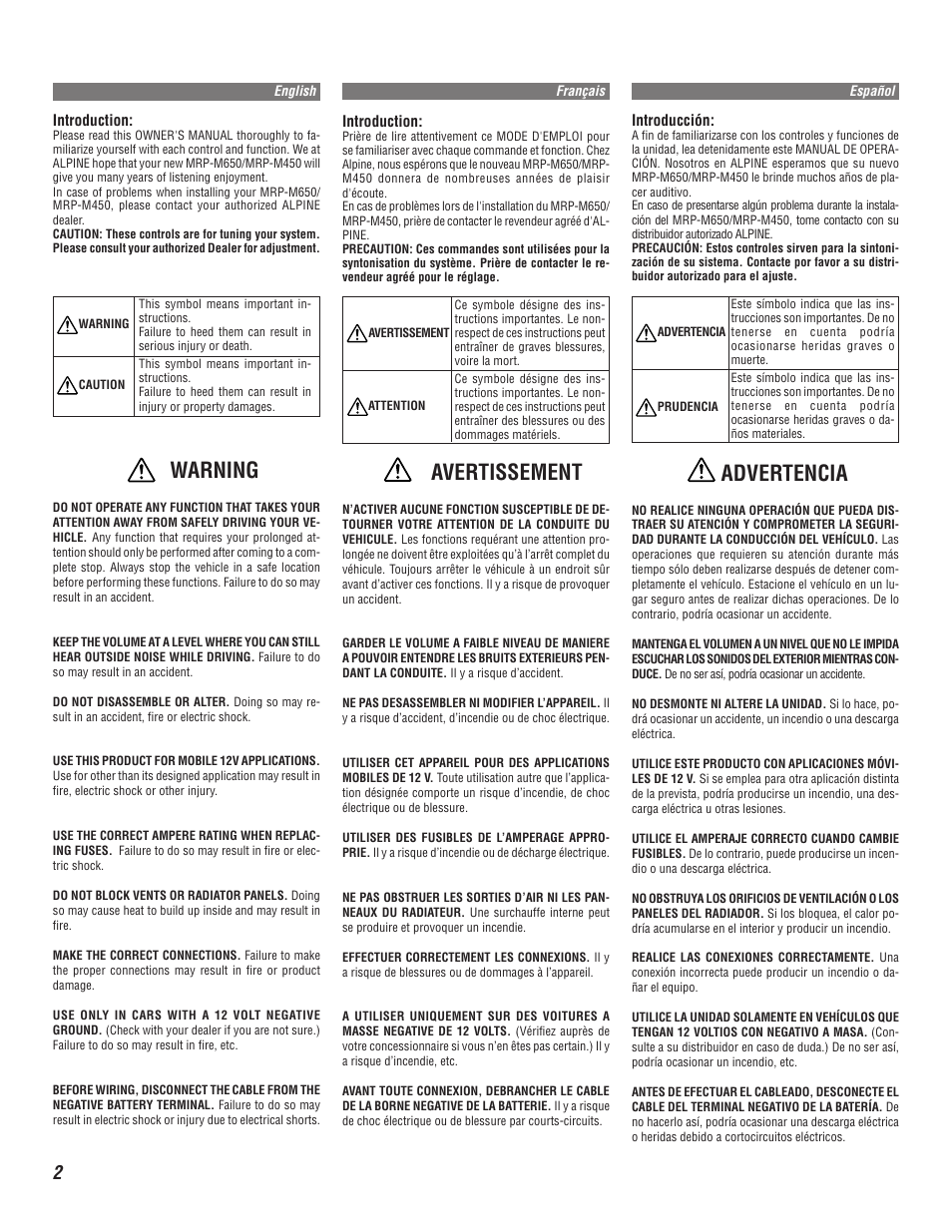 Warning, Avertissement, Advertencia | Alpine MRP-M650 User Manual | Page 2 / 16