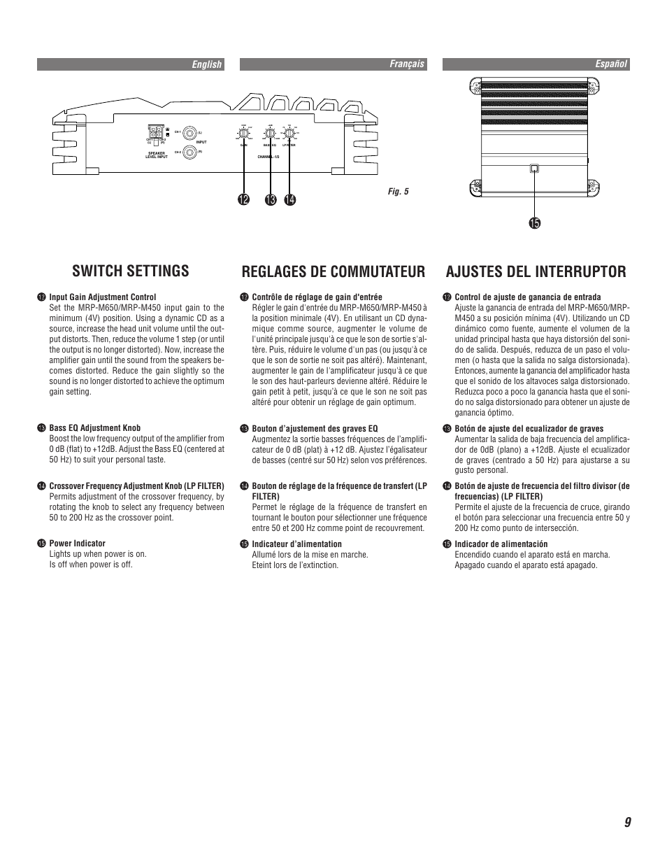 Switch settings, Reglages de commutateur, Ajustes del interruptor | Español français english | Alpine MRP-M650 User Manual | Page 9 / 16