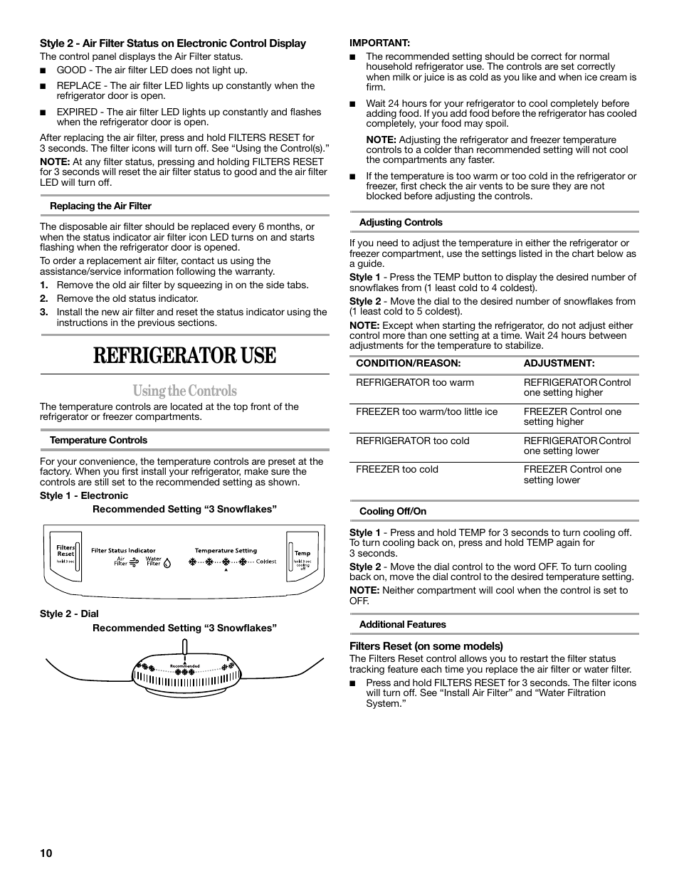 Refrigerator use, Using the controls | Whirlpool WRT138TFYB User Manual | Page 10 / 60