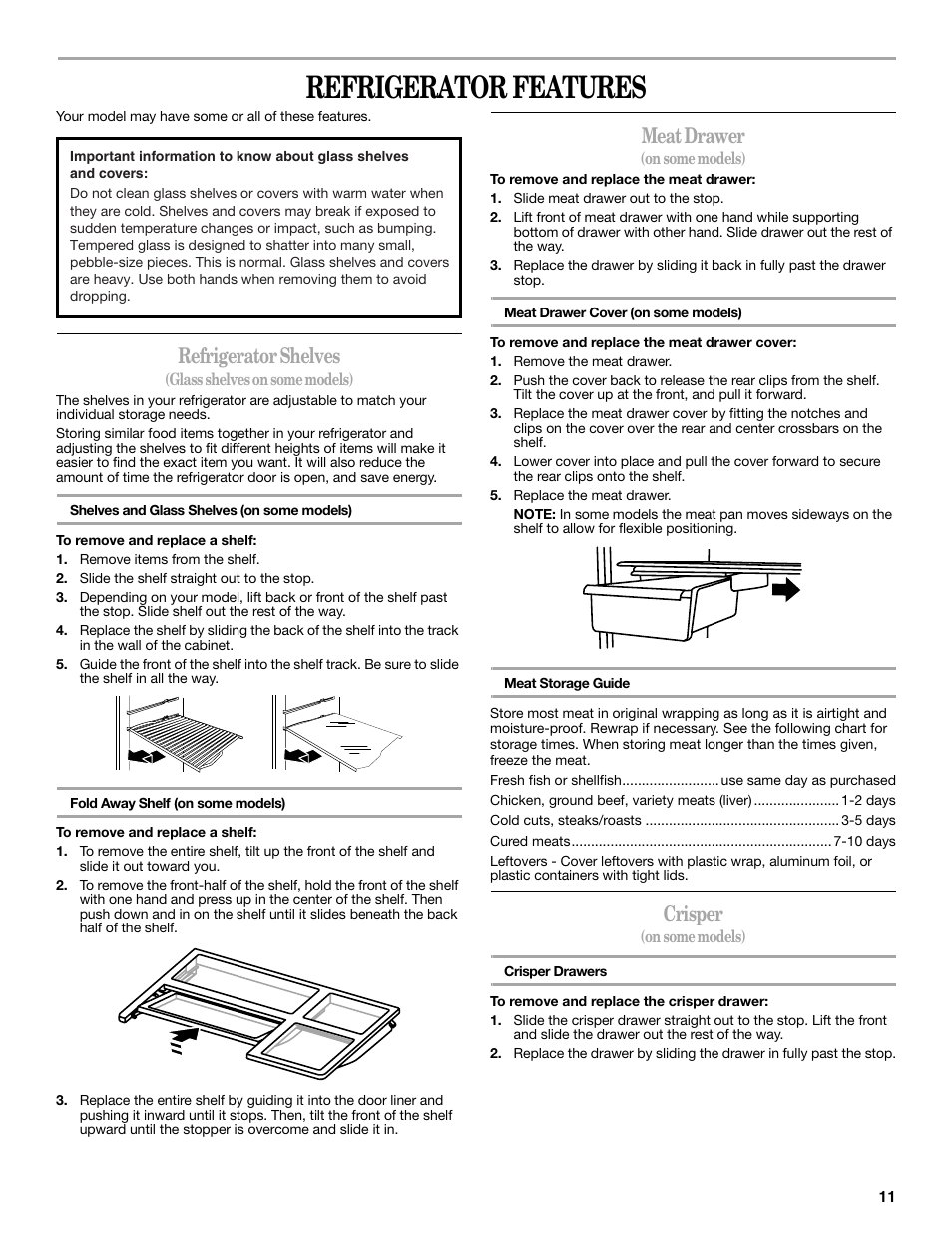 Refrigerator features, Refrigerator shelves, Meat drawer | Crisper | Whirlpool WRT138TFYB User Manual | Page 11 / 60