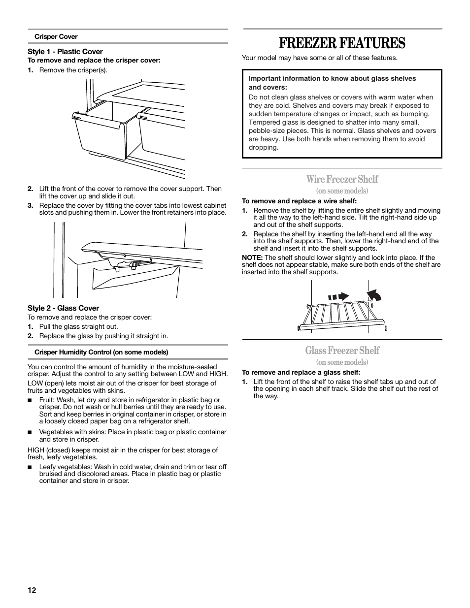 Freezer features, Wire freezer shelf, Glass freezer shelf | Whirlpool WRT138TFYB User Manual | Page 12 / 60