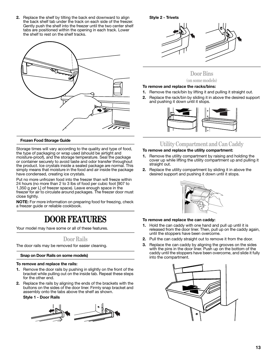 Door features, Door rails, Door bins | Utility compartment and can caddy | Whirlpool WRT138TFYB User Manual | Page 13 / 60