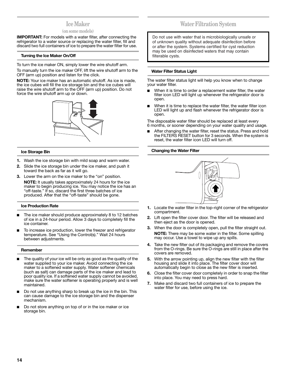 Ice maker, Water filtration system | Whirlpool WRT138TFYB User Manual | Page 14 / 60