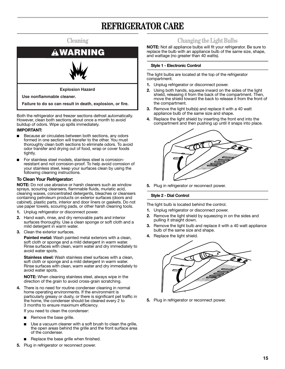 Refrigerator care, Warning, Cleaning | Changing the light bulbs | Whirlpool WRT138TFYB User Manual | Page 15 / 60