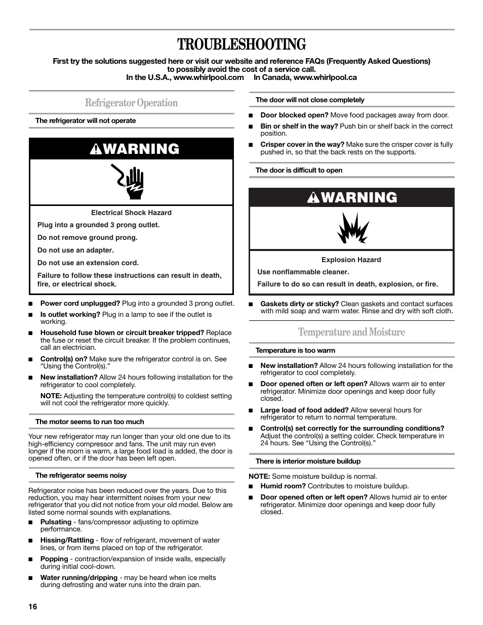 Troubleshooting, Warning, Refrigerator operation | Temperature and moisture | Whirlpool WRT138TFYB User Manual | Page 16 / 60