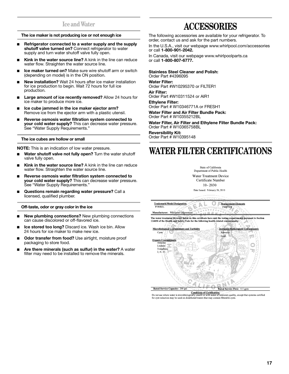 Accessories, Water filter certifications, Ice and water | Whirlpool WRT138TFYB User Manual | Page 17 / 60