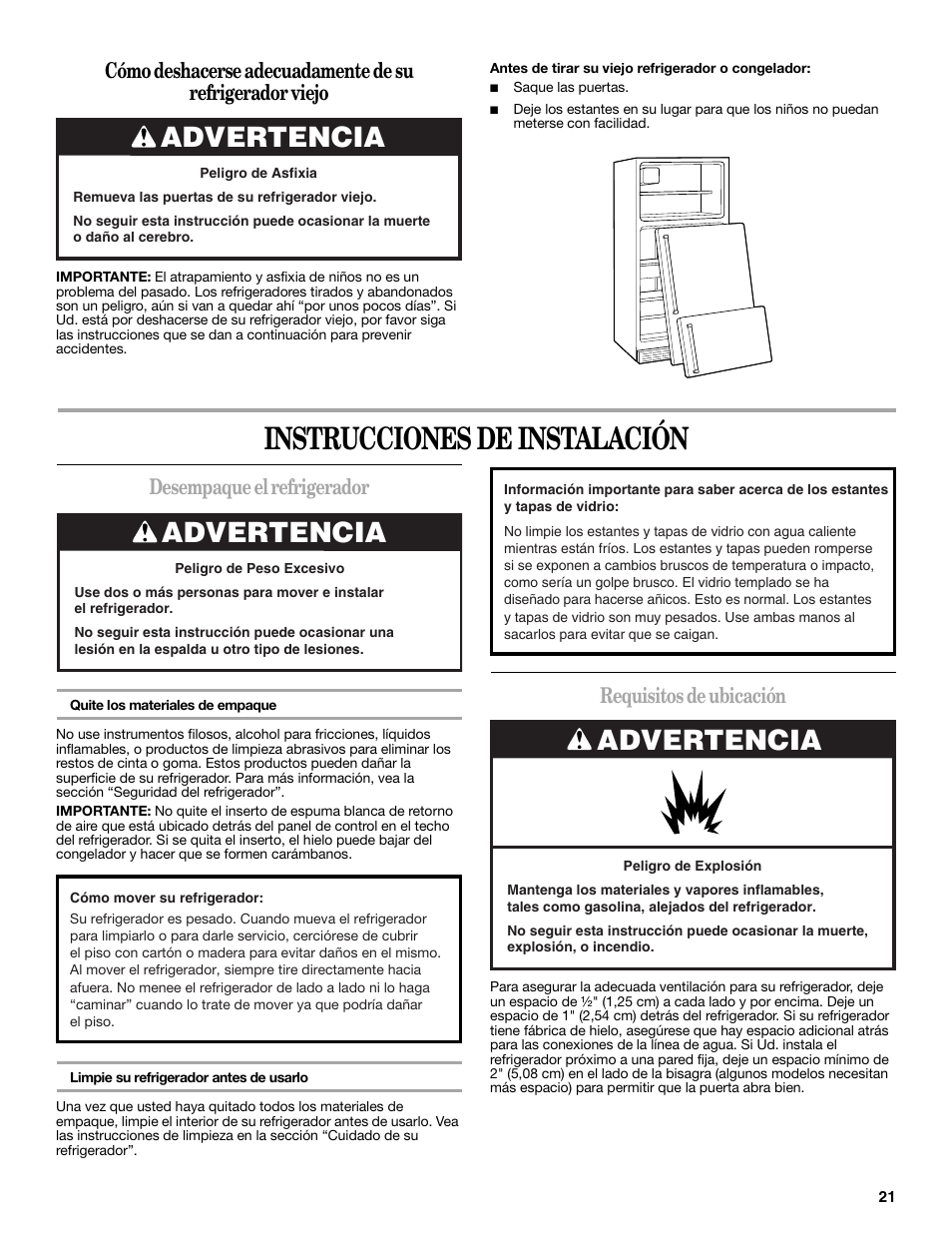 Instrucciones de instalación, Advertencia, Desempaque el refrigerador | Requisitos de ubicación | Whirlpool WRT138TFYB User Manual | Page 21 / 60