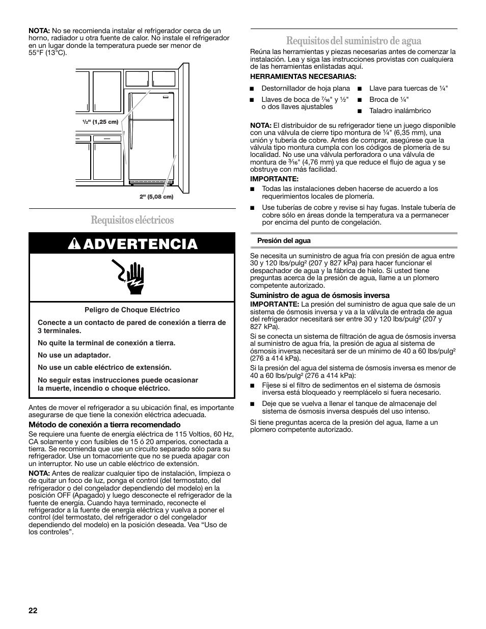 Advertencia, Requisitos eléctricos, Requisitos del suministro de agua | Whirlpool WRT138TFYB User Manual | Page 22 / 60