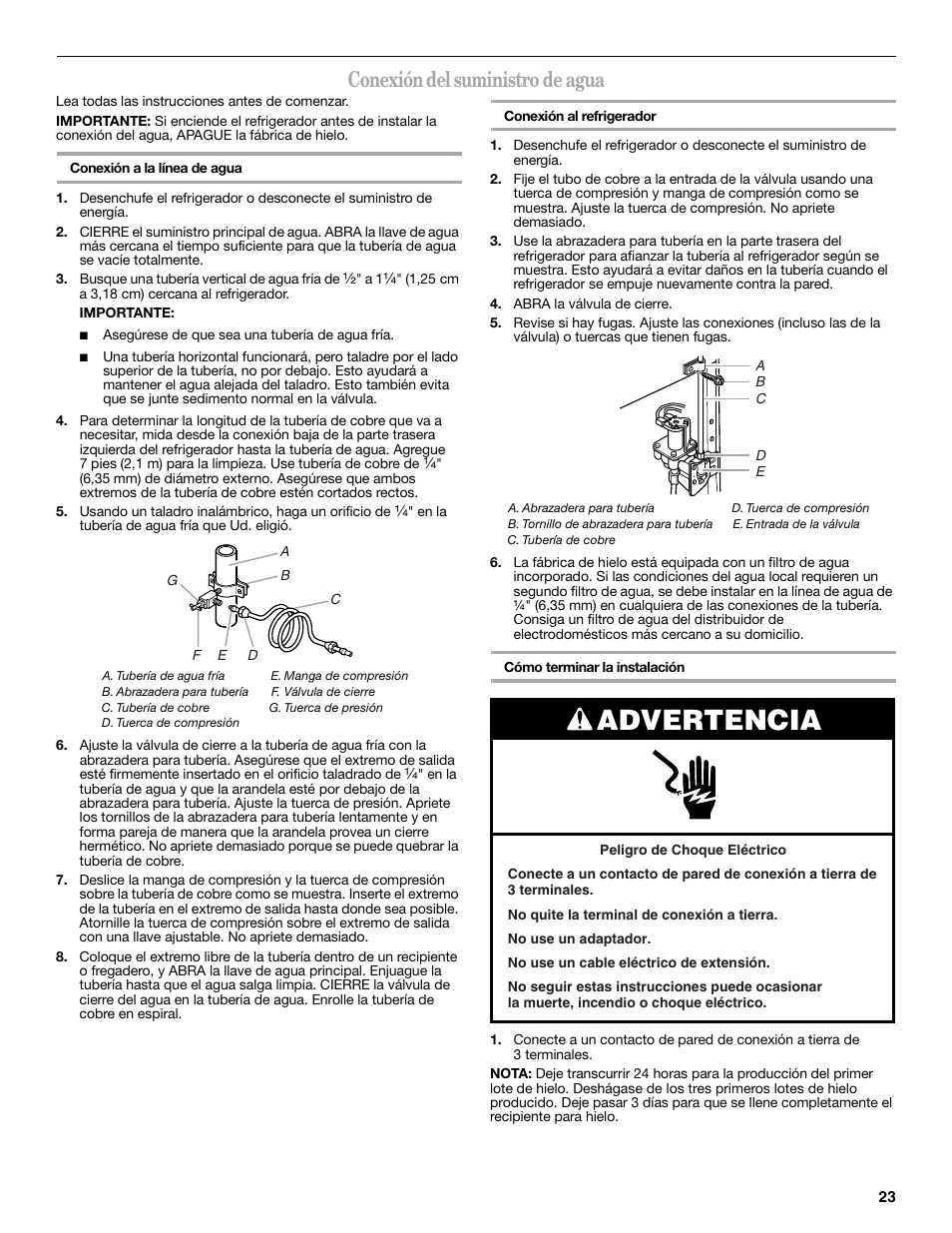 Advertencia, Conexión del suministro de agua | Whirlpool WRT138TFYB User Manual | Page 23 / 60