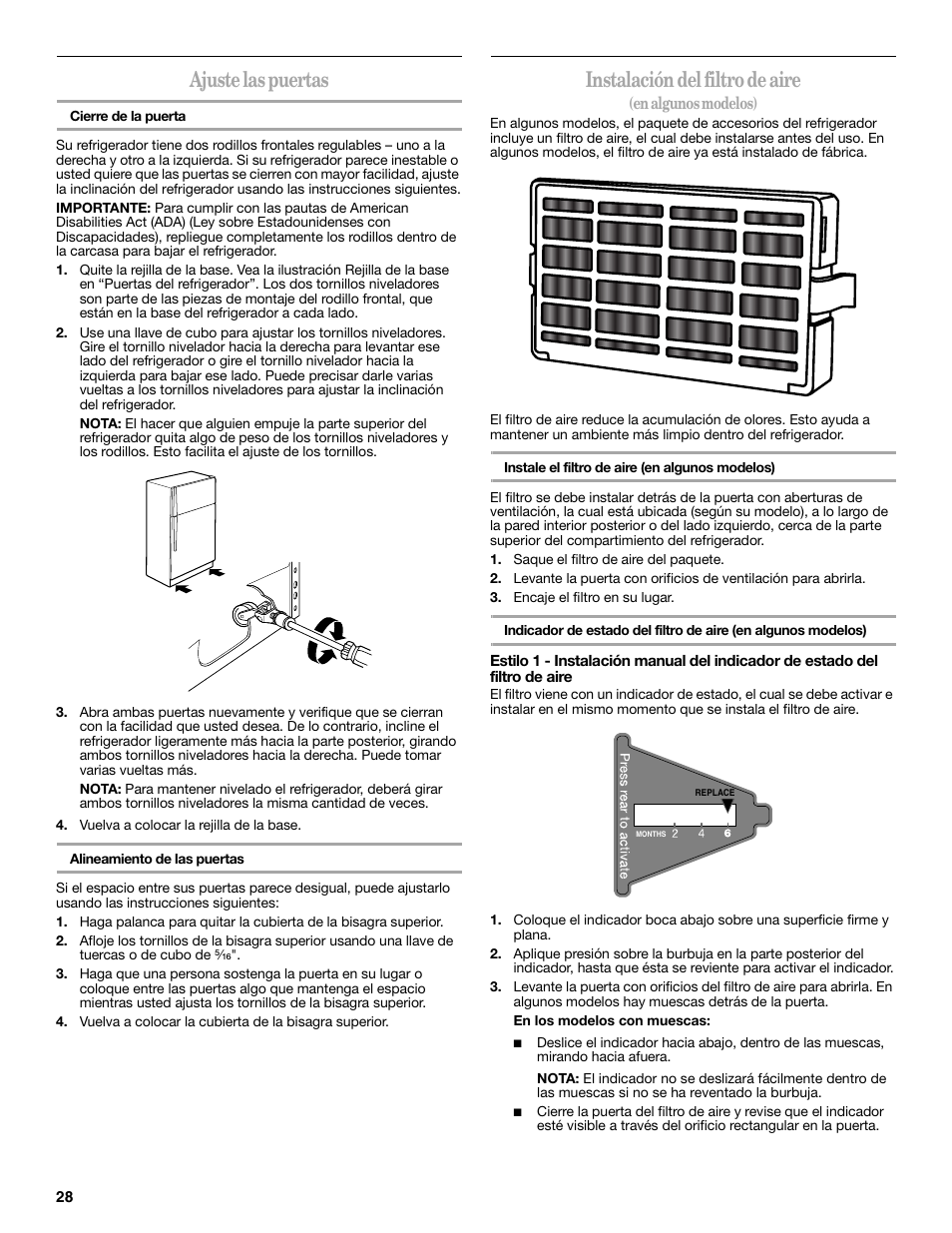 Ajuste las puertas, Instalación del filtro de aire | Whirlpool WRT138TFYB User Manual | Page 28 / 60