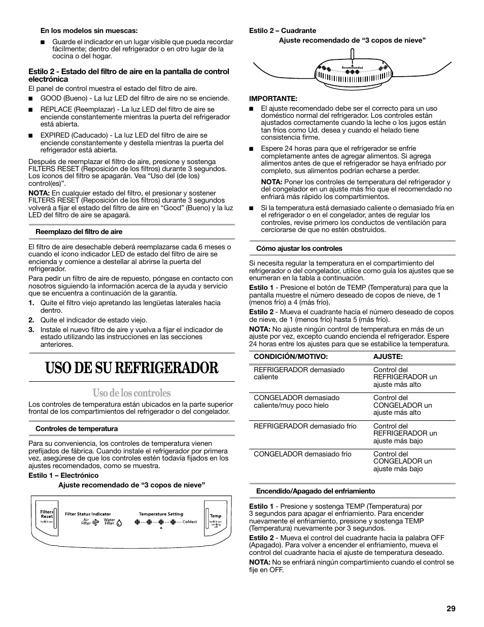 Uso de su refrigerador, Uso de los controles | Whirlpool WRT138TFYB User Manual | Page 29 / 60