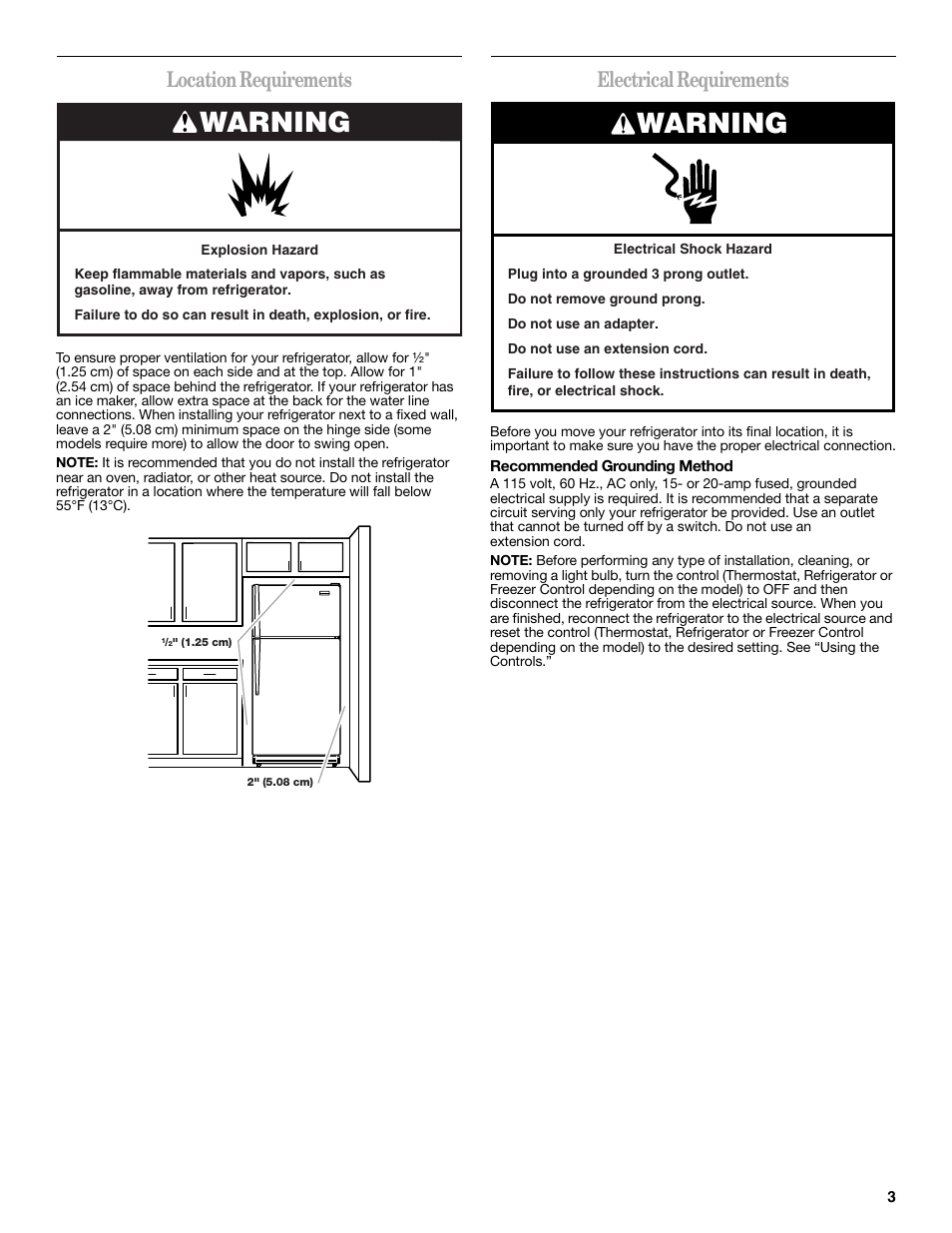 Warning, Location requirements, Electrical requirements | Whirlpool WRT138TFYB User Manual | Page 3 / 60