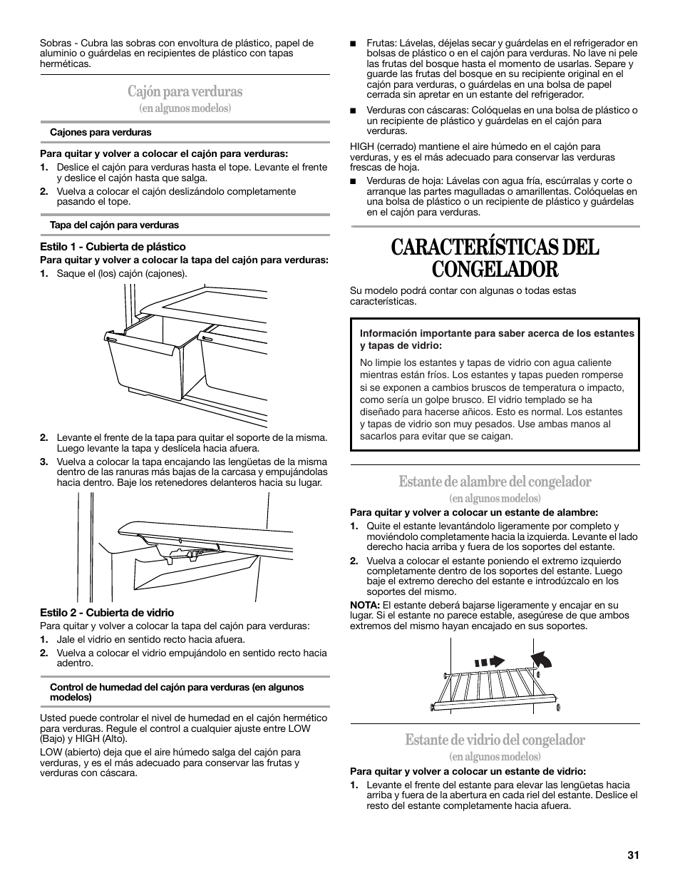 Características del congelador, Cajón para verduras, Estante de alambre del congelador | Estante de vidrio del congelador | Whirlpool WRT138TFYB User Manual | Page 31 / 60