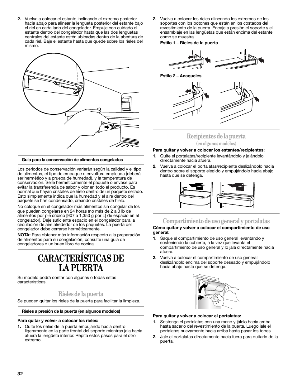 Características de la puerta, Rieles de la puerta, Recipientes de la puerta | Compartimiento de uso general y portalatas | Whirlpool WRT138TFYB User Manual | Page 32 / 60