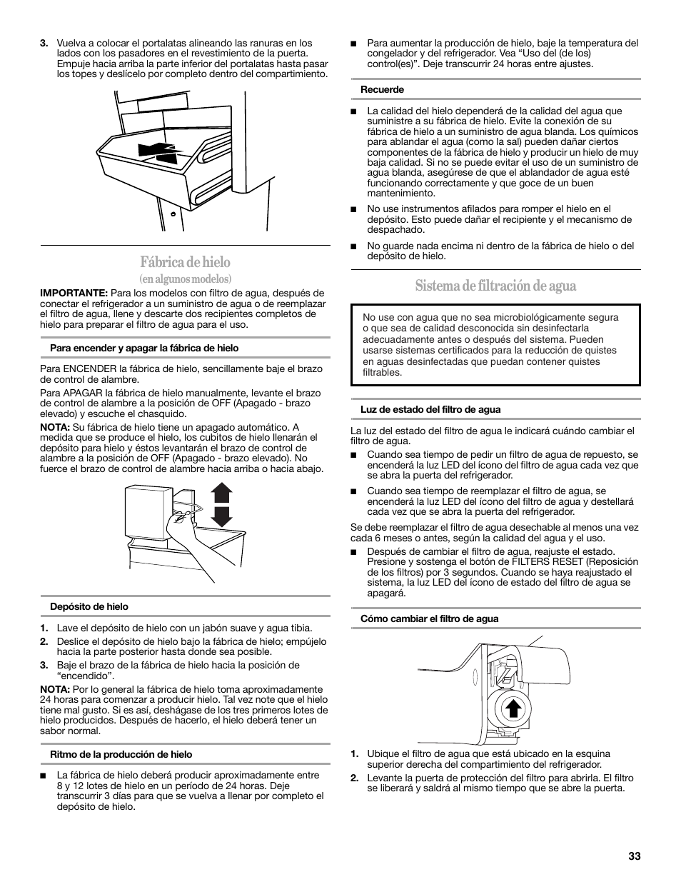 Fábrica de hielo, Sistema de filtración de agua | Whirlpool WRT138TFYB User Manual | Page 33 / 60