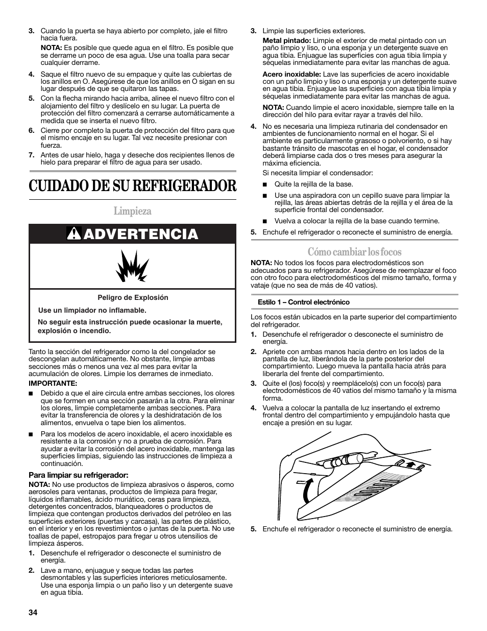 Cuidado de su refrigerador, Advertencia, Limpieza | Cómo cambiar los focos | Whirlpool WRT138TFYB User Manual | Page 34 / 60