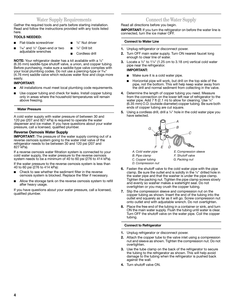 Water supply requirements, Connect the water supply | Whirlpool WRT138TFYB User Manual | Page 4 / 60