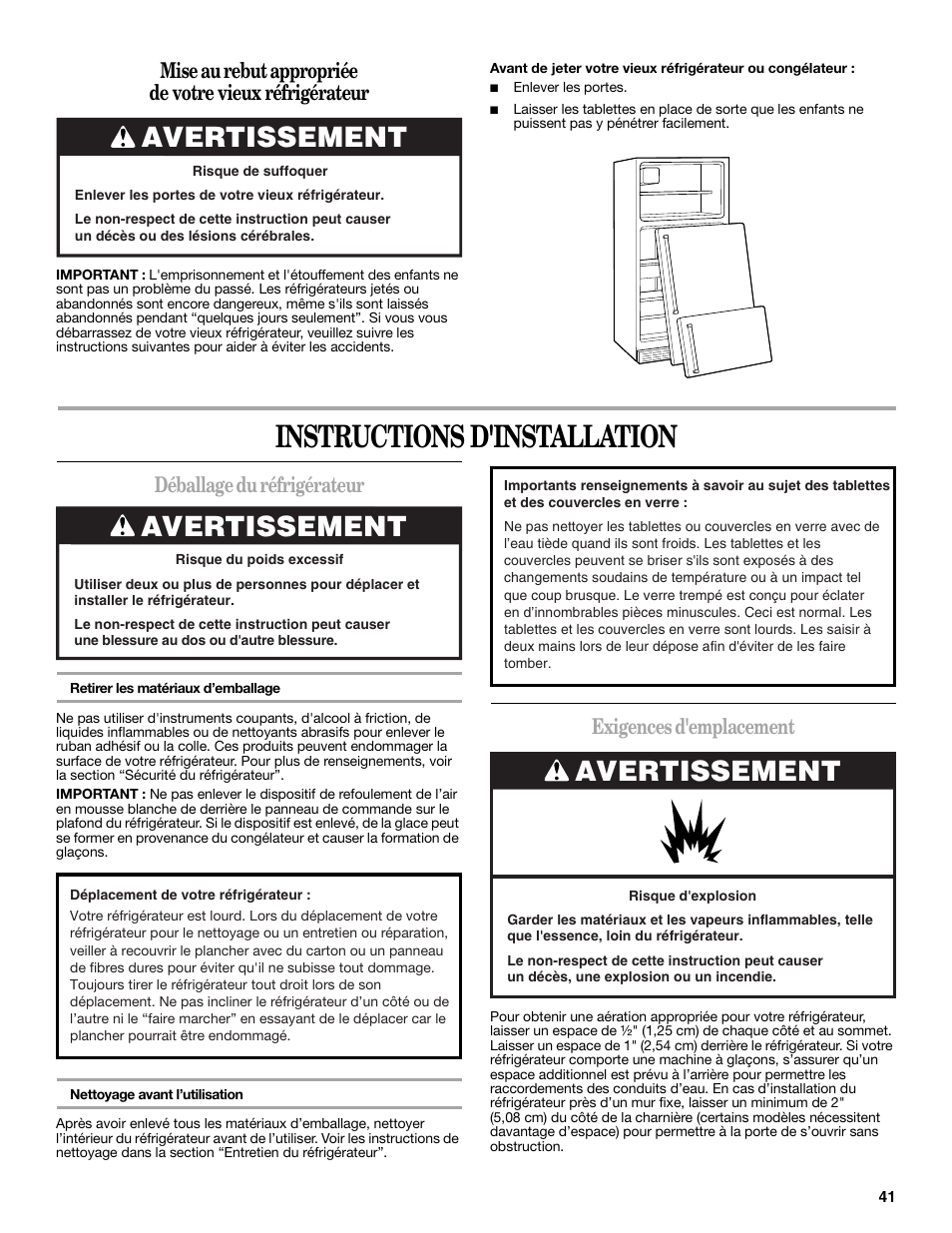 Instructions d'installation, Avertissement, Déballage du réfrigérateur | Exigences d'emplacement | Whirlpool WRT138TFYB User Manual | Page 41 / 60