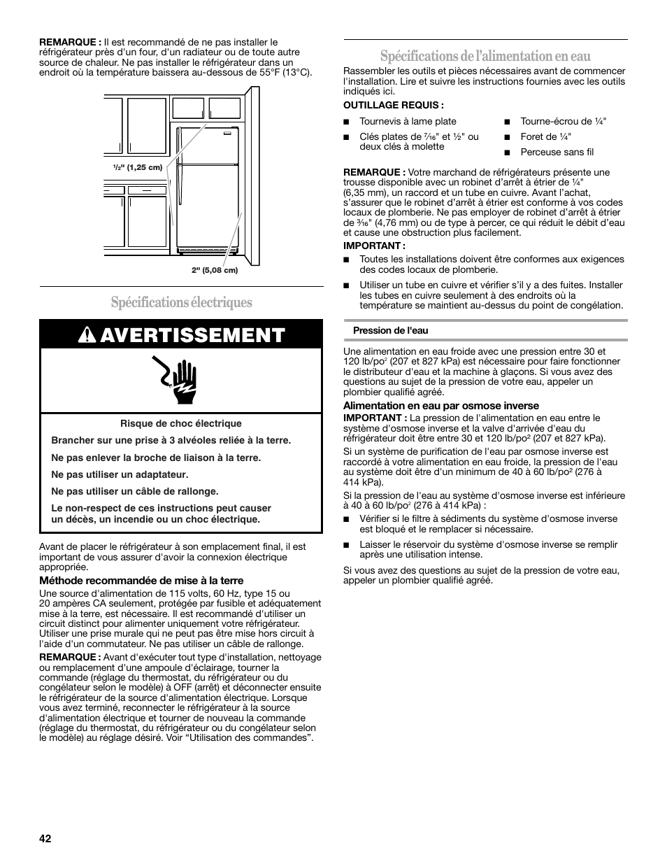 Avertissement, Spécifications électriques, Spécifications de l’alimentation en eau | Whirlpool WRT138TFYB User Manual | Page 42 / 60