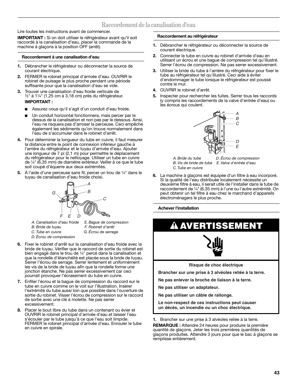 Avertissement, Raccordement de la canalisation d'eau | Whirlpool WRT138TFYB User Manual | Page 43 / 60