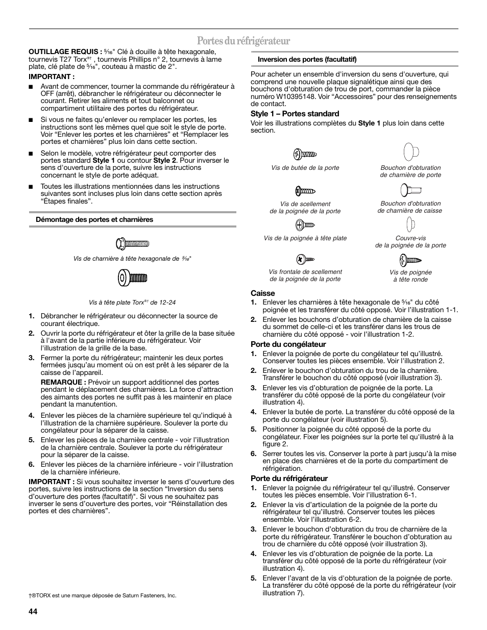 Portes du réfrigérateur | Whirlpool WRT138TFYB User Manual | Page 44 / 60