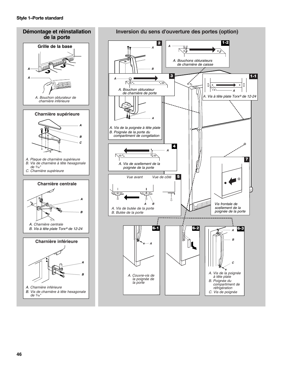 Inversion du sens d'ouverture des portes (option), Démontage et réinstallation de la porte | Whirlpool WRT138TFYB User Manual | Page 46 / 60