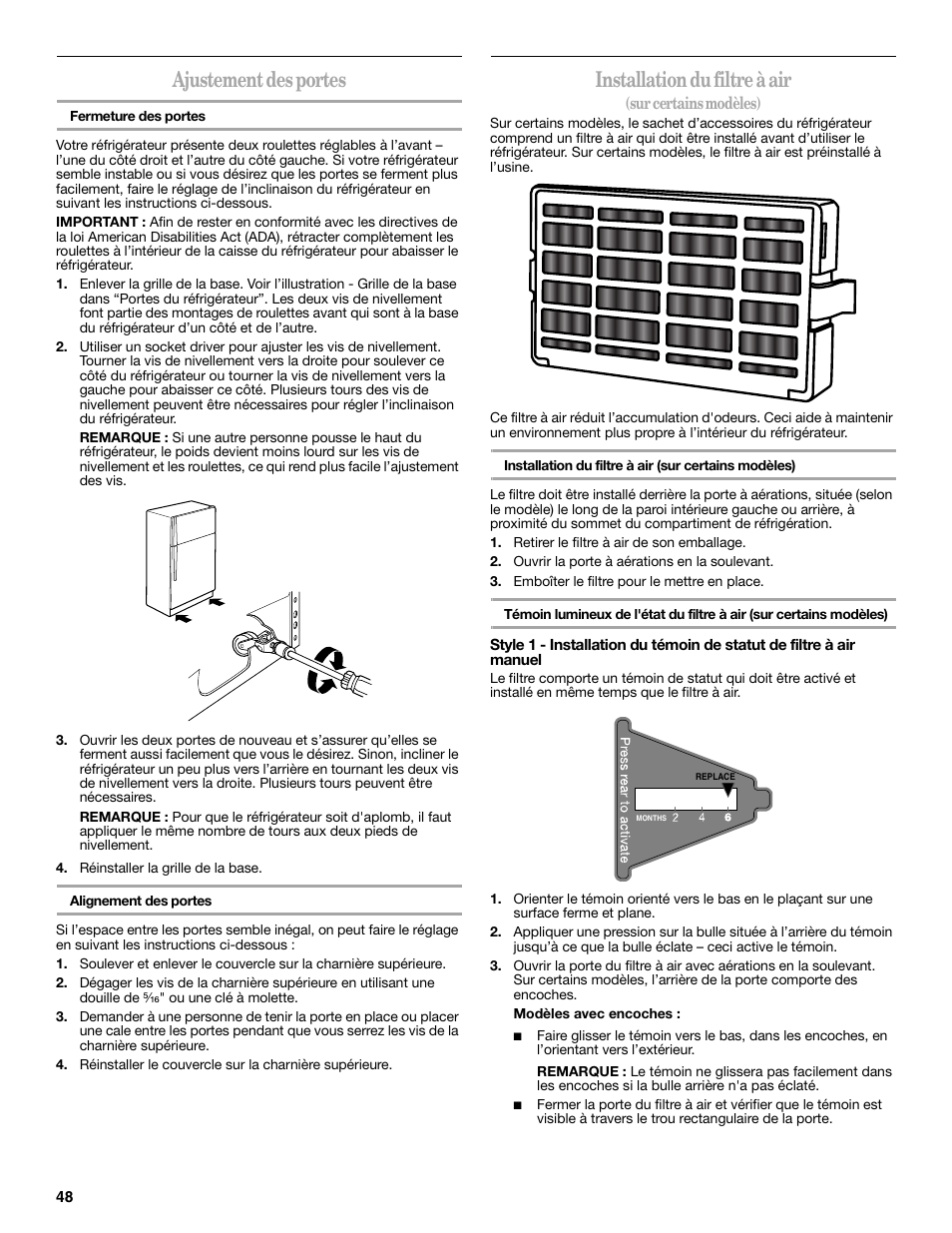 Ajustement des portes, Installation du filtre à air | Whirlpool WRT138TFYB User Manual | Page 48 / 60