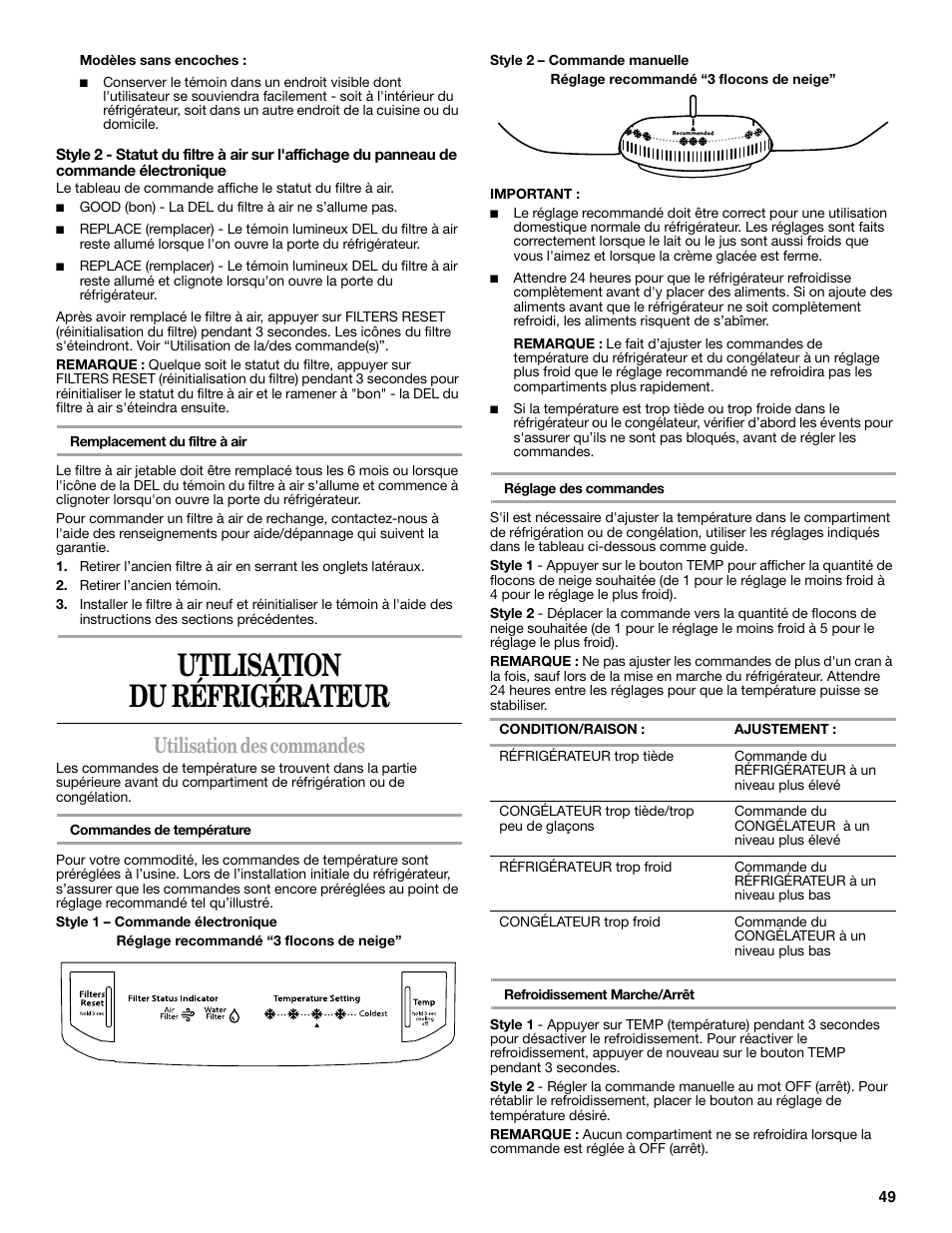 Utilisation du réfrigérateur, Utilisation des commandes | Whirlpool WRT138TFYB User Manual | Page 49 / 60