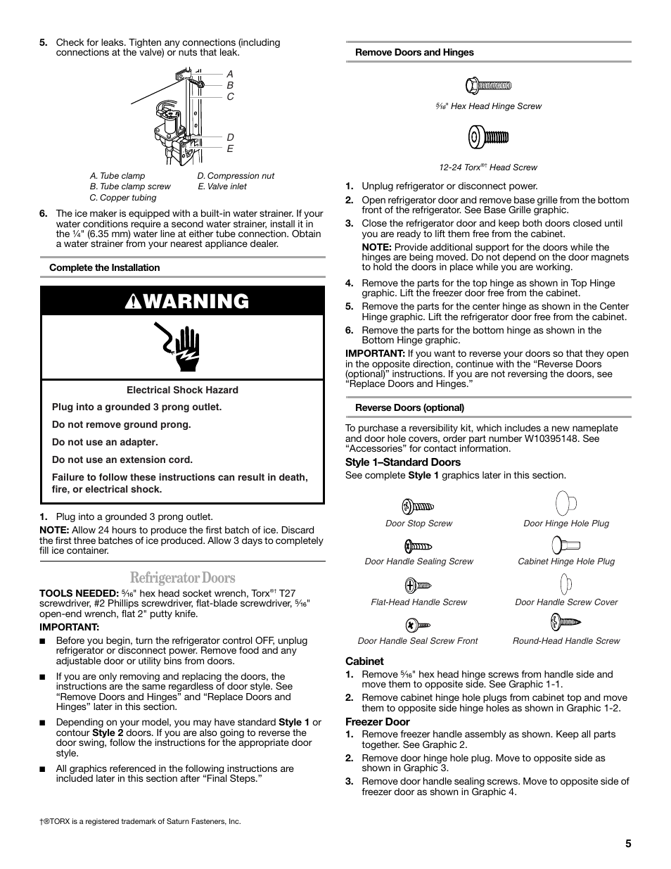 Warning, Refrigerator doors | Whirlpool WRT138TFYB User Manual | Page 5 / 60