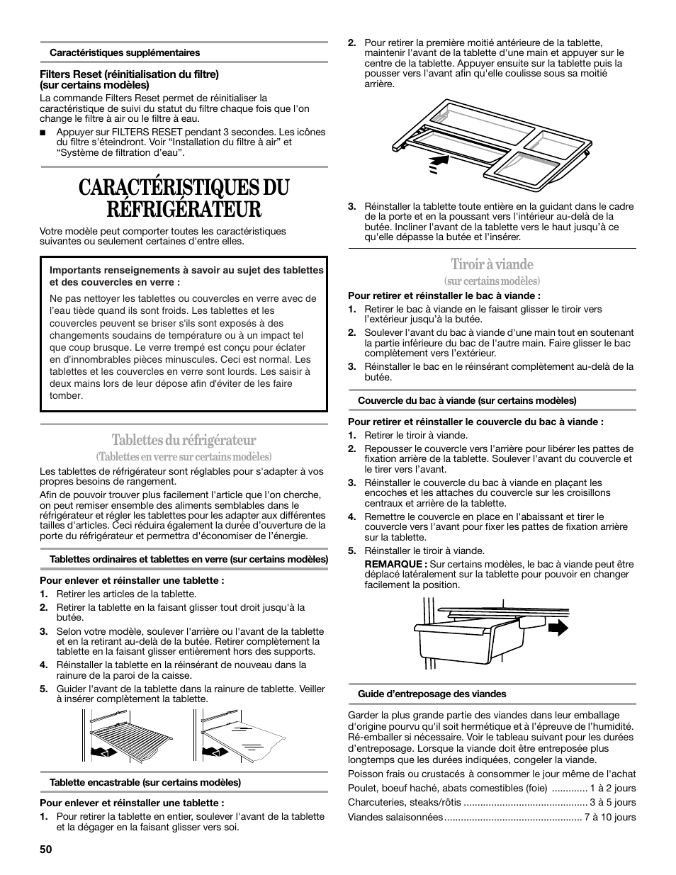 Caractéristiques du réfrigérateur, Tablettes du réfrigérateur, Tiroir à viande | Whirlpool WRT138TFYB User Manual | Page 50 / 60