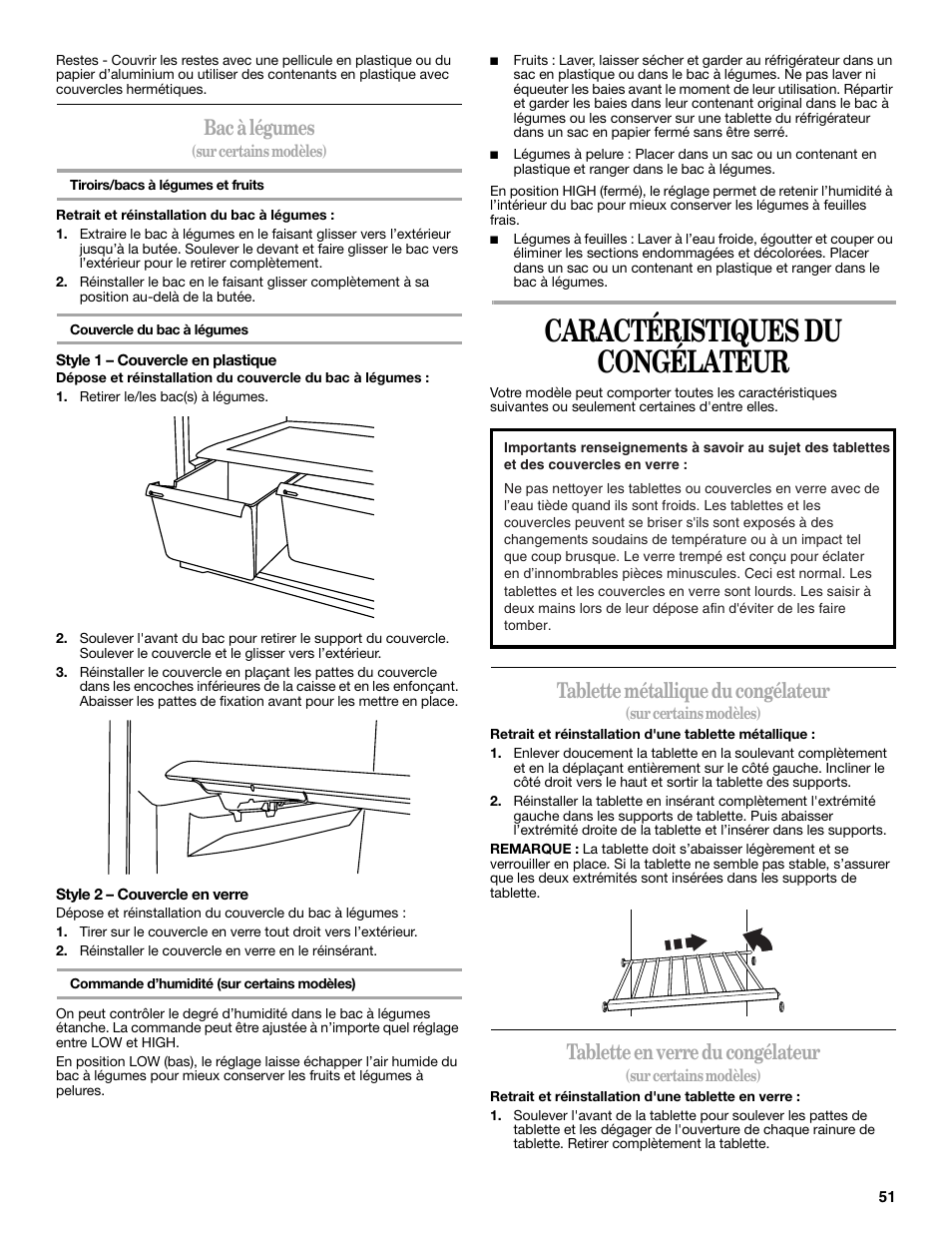 Caractéristiques du congélateur, Bac à légumes, Tablette métallique du congélateur | Tablette en verre du congélateur | Whirlpool WRT138TFYB User Manual | Page 51 / 60