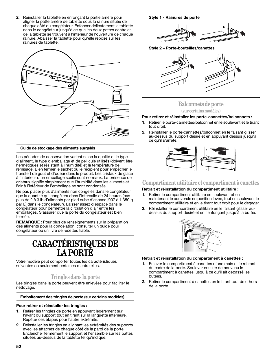 Caractéristiques de la porte, Tringles dans la porte, Balconnets de porte | Compartiment utilitaire et compartiment à canettes | Whirlpool WRT138TFYB User Manual | Page 52 / 60