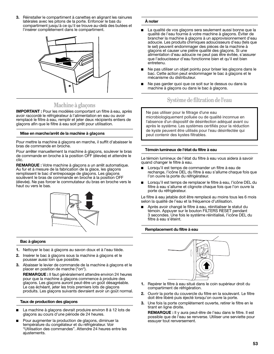 Machine à glaçons, Système de filtration de l'eau | Whirlpool WRT138TFYB User Manual | Page 53 / 60