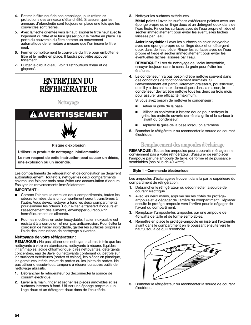 Entretien du réfrigérateur, Avertissement, Nettoyage | Remplacement des ampoules d’éclairage | Whirlpool WRT138TFYB User Manual | Page 54 / 60