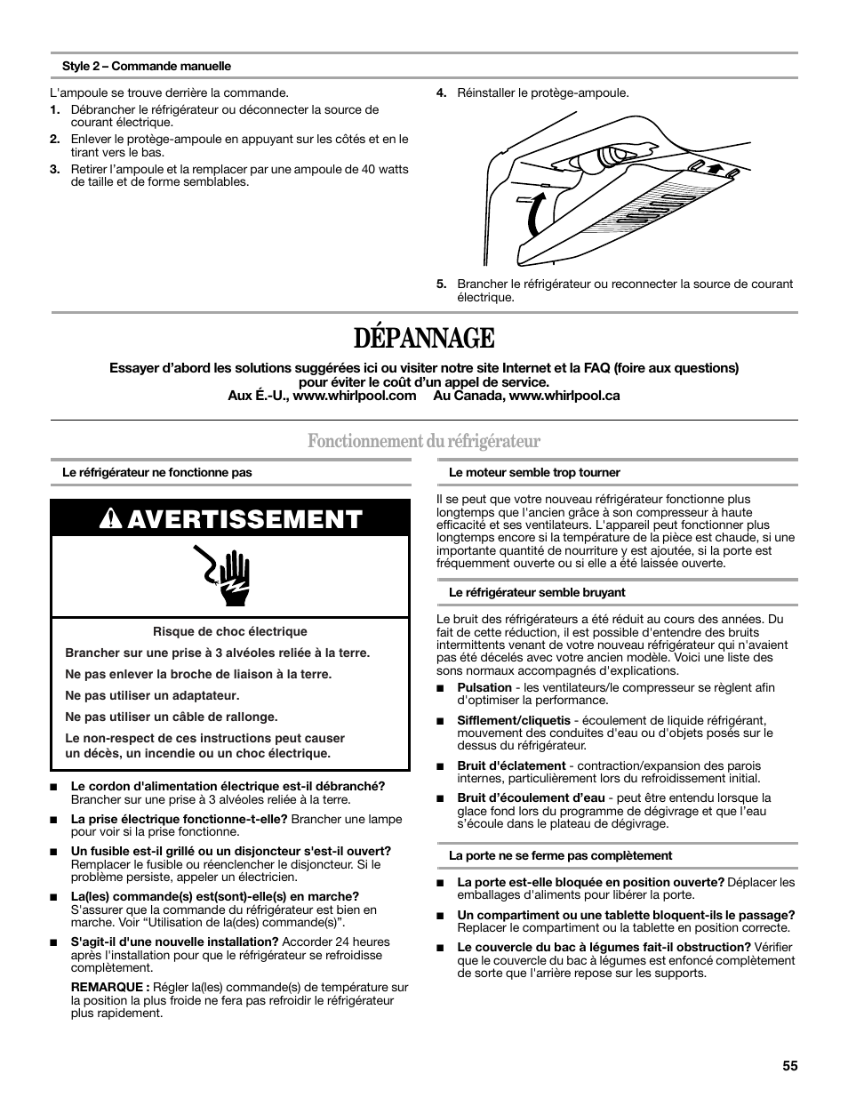 Dépannage, Avertissement, Fonctionnement du réfrigérateur | Whirlpool WRT138TFYB User Manual | Page 55 / 60