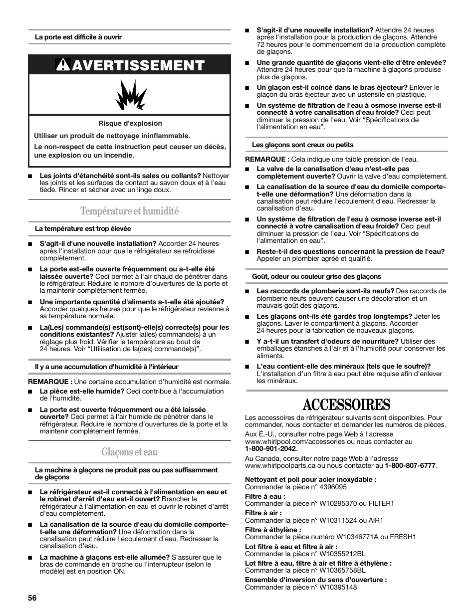 Accessoires, Avertissement, Température et humidité | Glaçons et eau | Whirlpool WRT138TFYB User Manual | Page 56 / 60