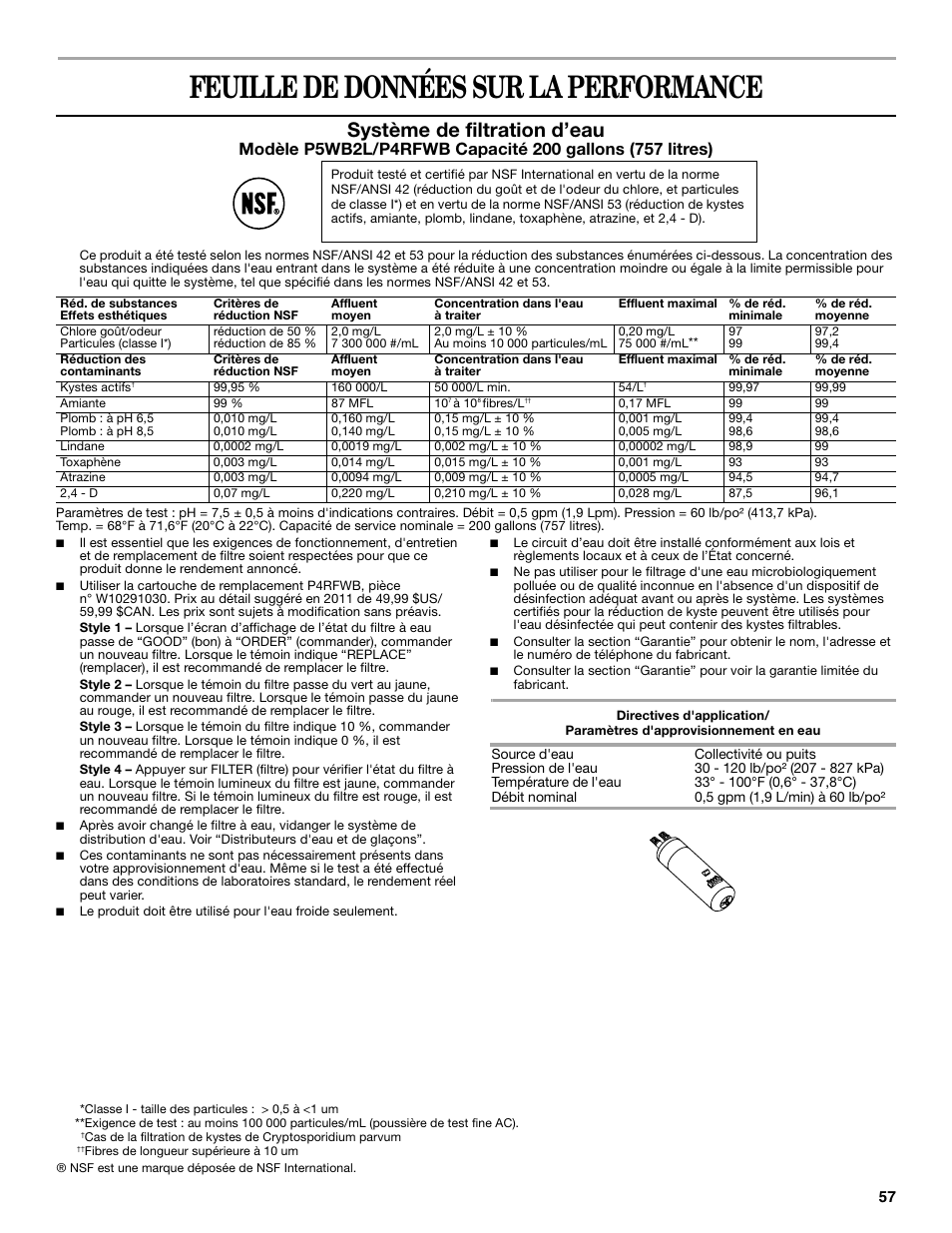 Feuille de données sur la performance, Système de filtration d’eau | Whirlpool WRT138TFYB User Manual | Page 57 / 60
