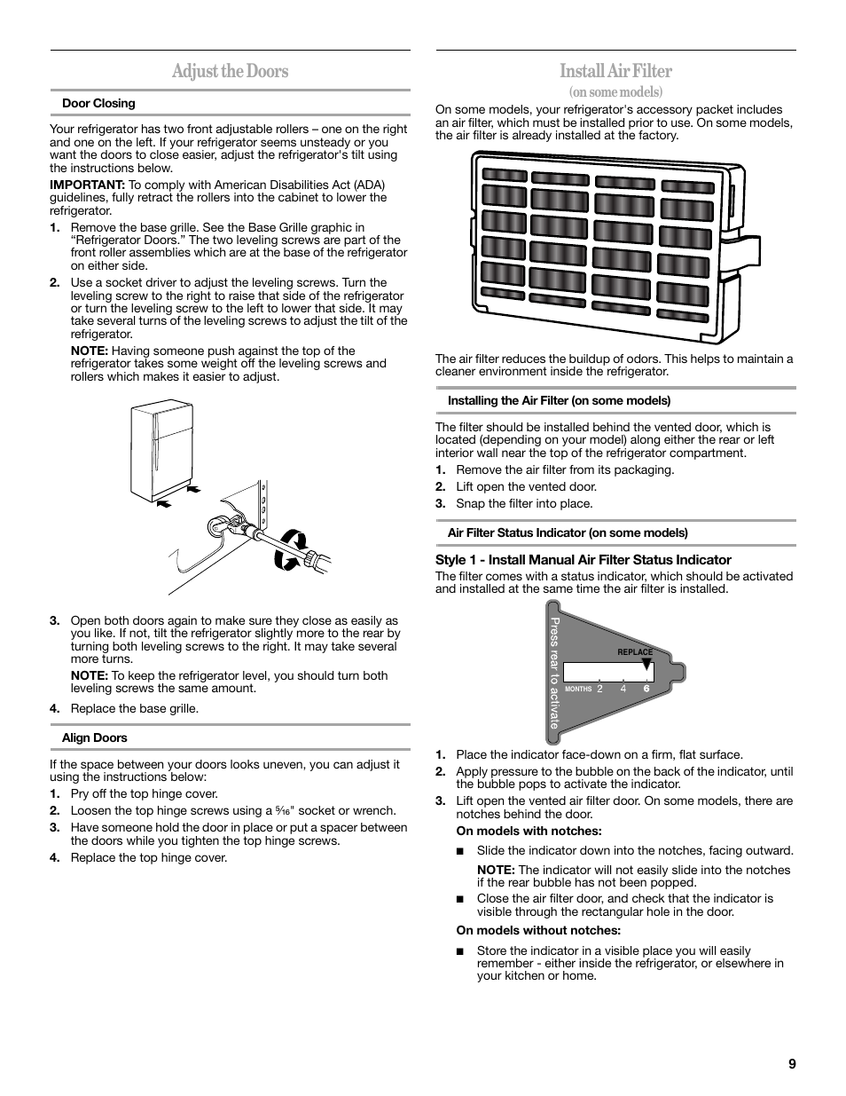 Adjust the doors, Install air filter | Whirlpool WRT138TFYB User Manual | Page 9 / 60
