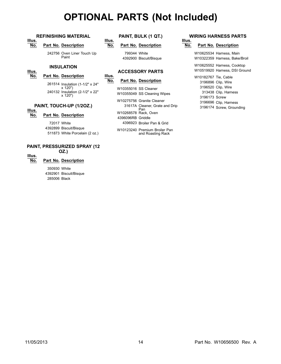 Optional, Optional parts (not included) | Whirlpool WFG510S0AS User Manual | Page 14 / 14
