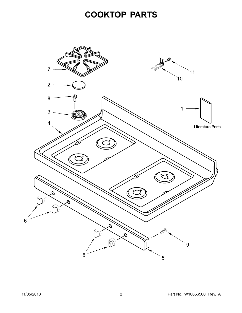 Cooktop, Cooktop parts | Whirlpool WFG510S0AS User Manual | Page 2 / 14