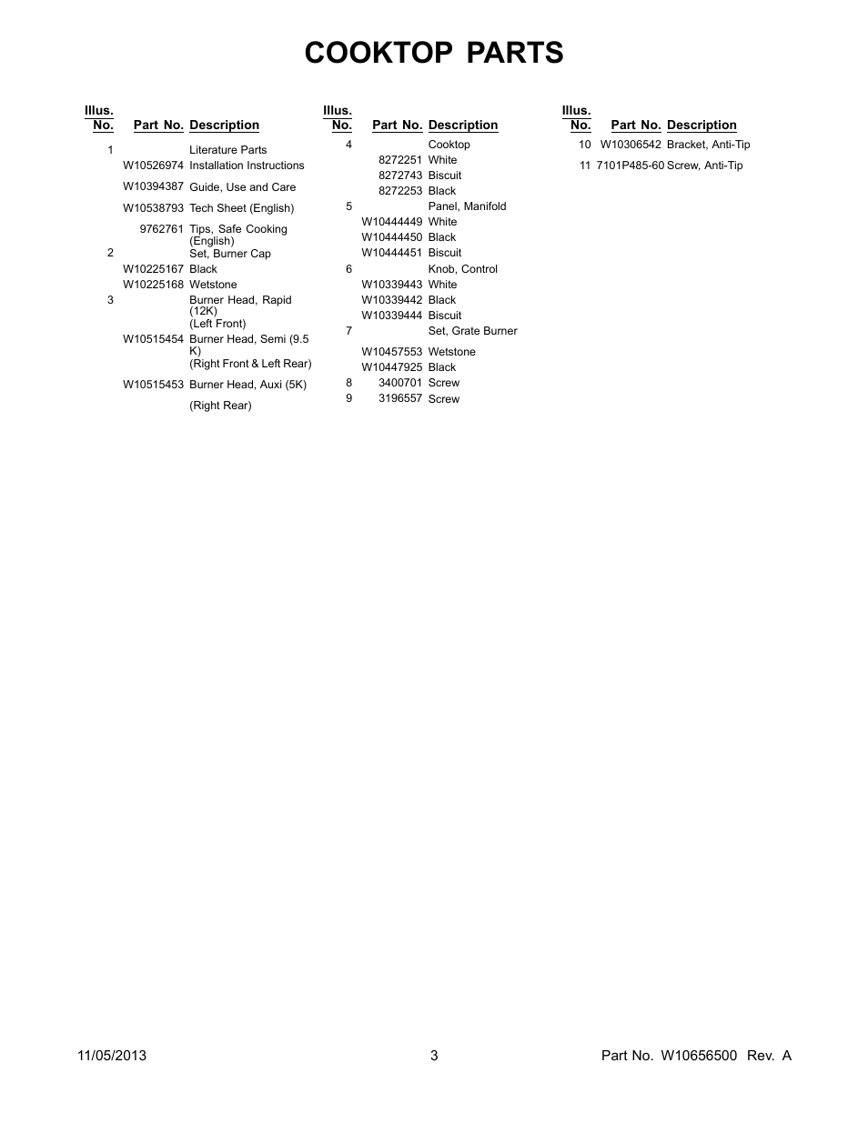 Literature, Cooktop parts | Whirlpool WFG510S0AS User Manual | Page 3 / 14