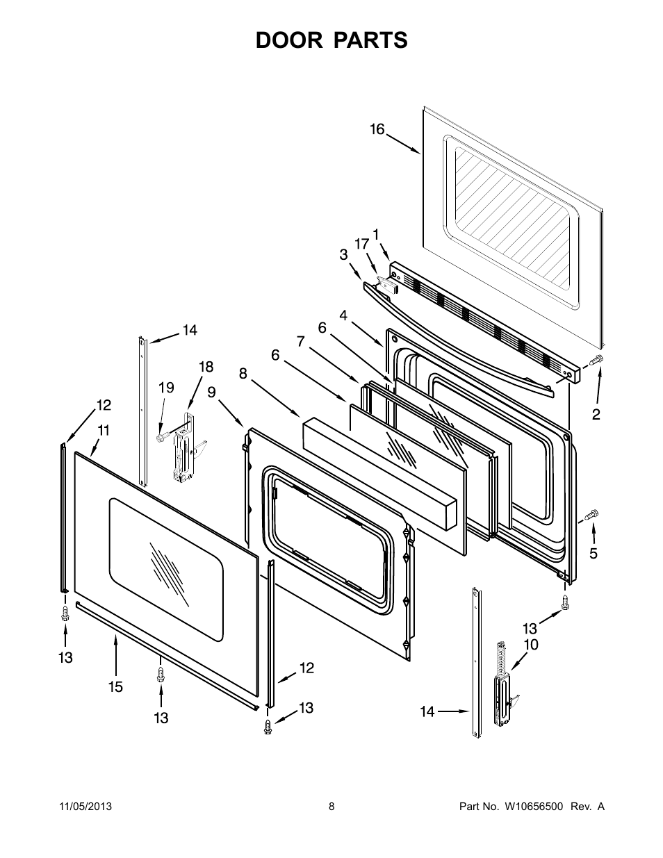 Door, Door parts | Whirlpool WFG510S0AS User Manual | Page 8 / 14