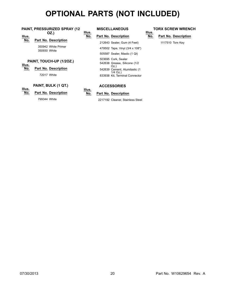 Optional, Optional parts (not included) | Whirlpool WRS325FNAM User Manual | Page 20 / 20