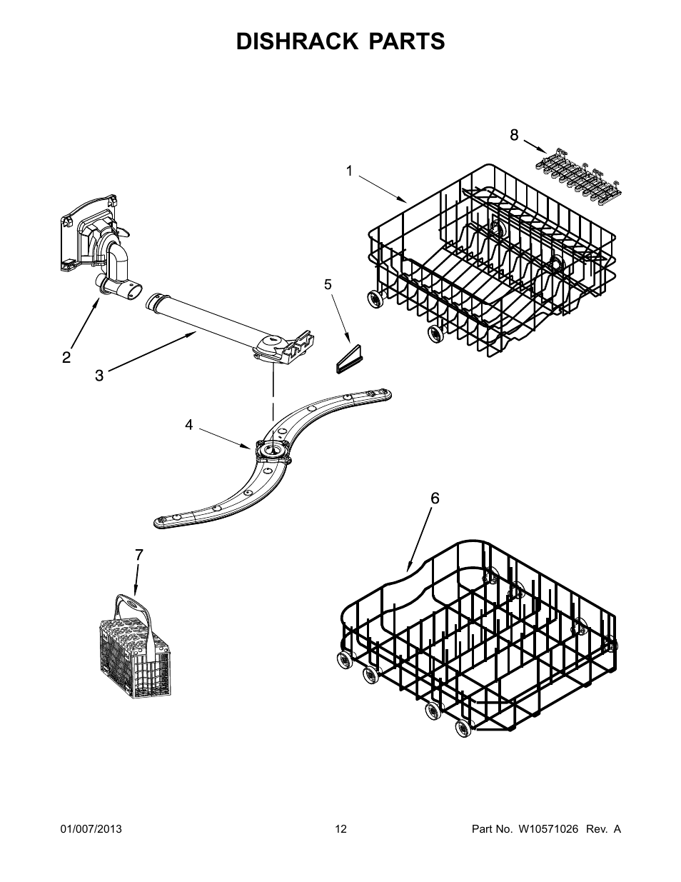 Dishrack, Dishrack parts | Whirlpool WDF550SAAS User Manual | Page 12 / 14