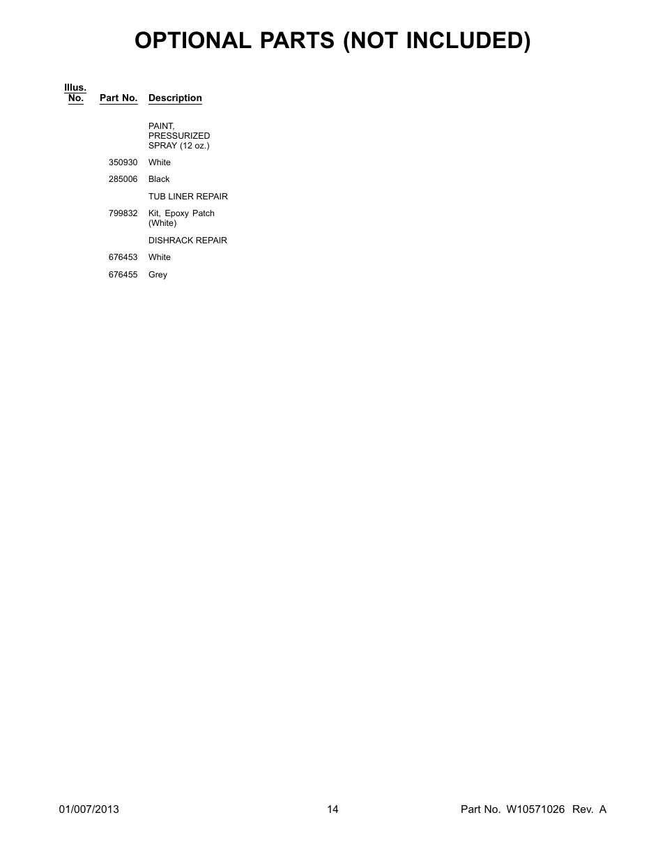 Optional, Optional parts (not included) | Whirlpool WDF550SAAS User Manual | Page 14 / 14