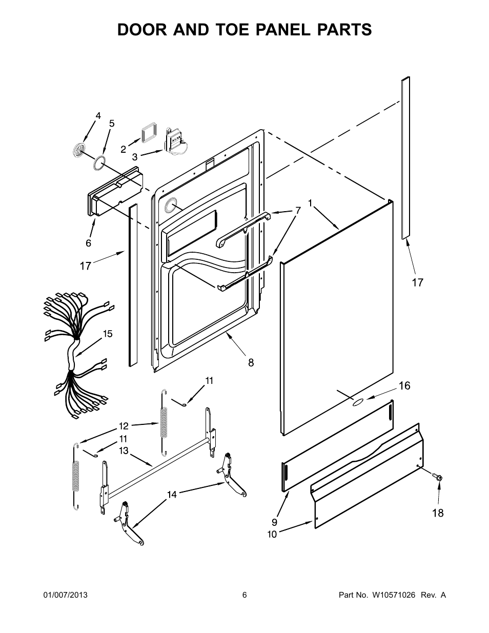 Door and toe panel, Door and toe panel parts | Whirlpool WDF550SAAS User Manual | Page 6 / 14