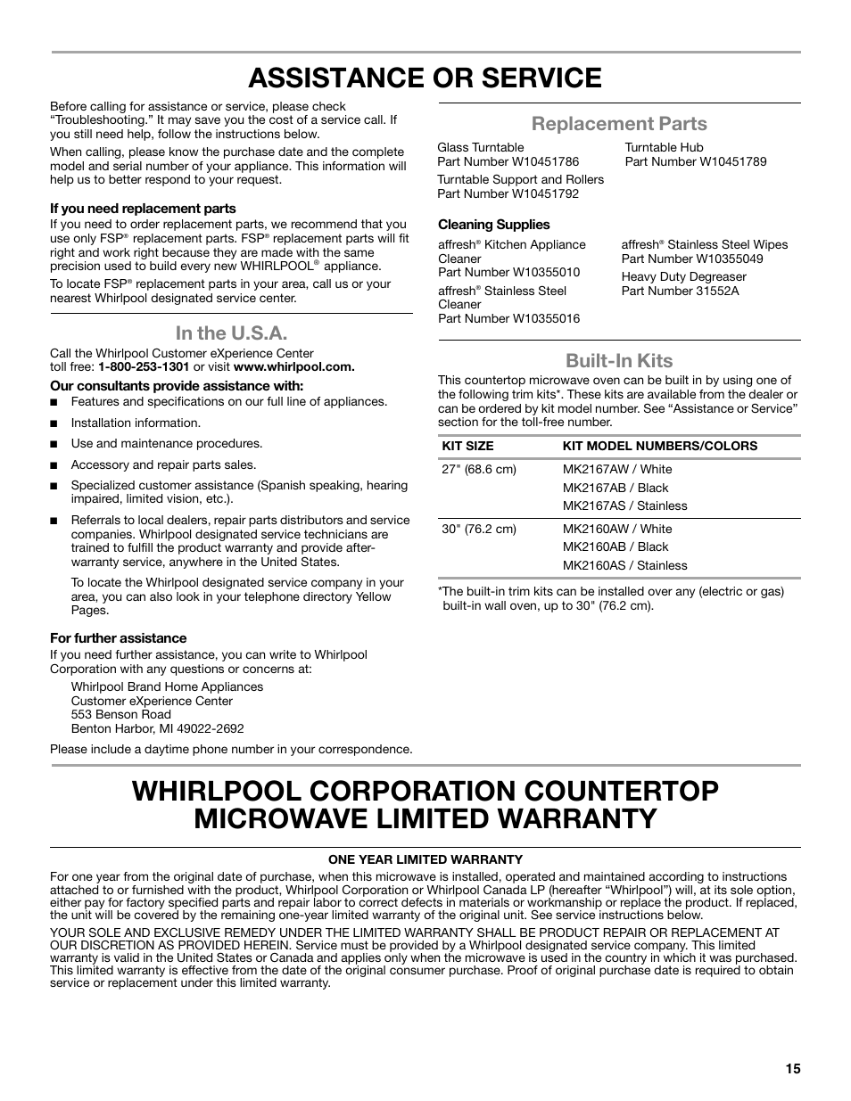 Whirlpool WMC30516AS User Manual | 2 pages