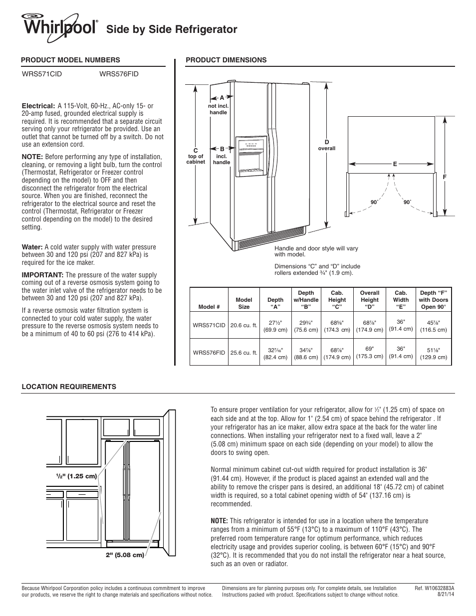 Whirlpool WRS576FIDM User Manual | 1 page