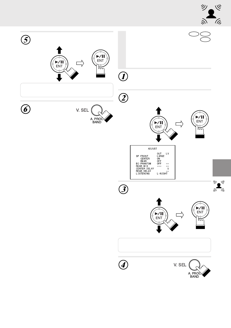 Adjust, Adjust – center speaker time compensation, Center speaker time compensation | Alpine DVA-5205P User Manual | Page 49 / 72