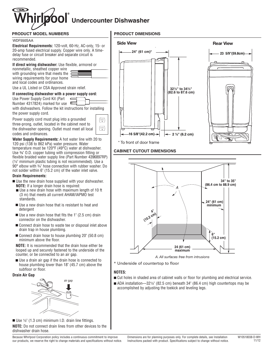Whirlpool WDF550SAAS User Manual | 1 page